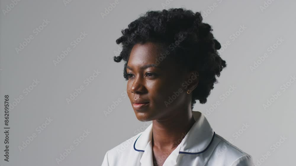 Studio portrait of serious young female nurse in uniform turning to face camera against plain background - shot in slow motion Studio portrait of serious young female nurse in uniform turning to face camera against plain background - shot in slow motion