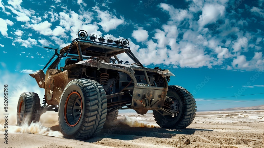 Armored Desert Buggy Cruising Under Bright Blue Sky Armored Desert Buggy Cruising Under Bright Blue Sky