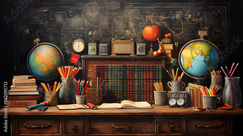 A modern illustration on the blackboard, hand-drawn, with the inscription "Back to school"