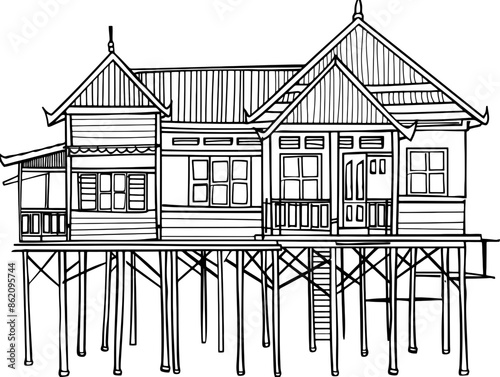 Traditional indonesian stilt house drawing