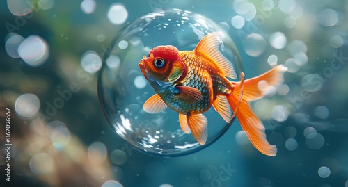 A Single Goldfish Swims in a Bubble on a Blue Background With Bokeh