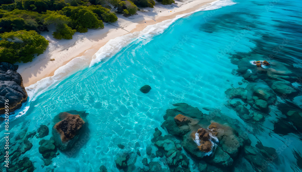 Obraz premium Drone view of crystal blue ocean and white sandy beach 