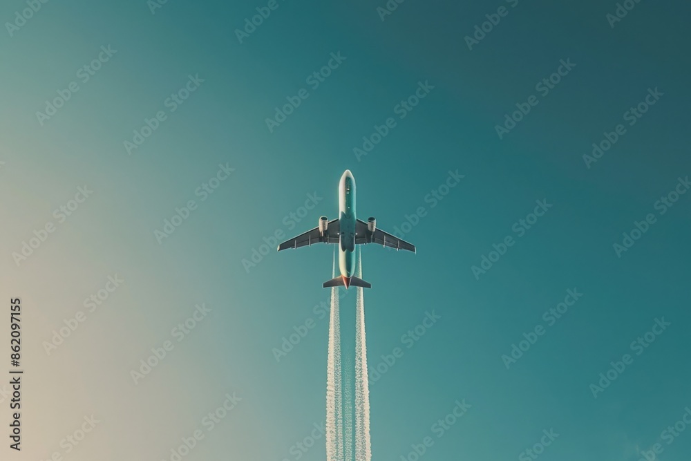 Airplane flight through blue sky Airplane flight through blue sky