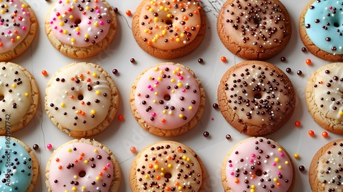 Collection of round cookies with sprinkles and icing, assorted flavors, on transparent background © MIX  STOCK  IMAGE