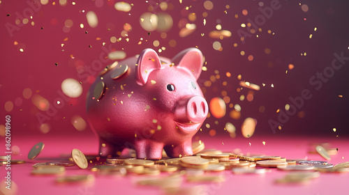 Pink Piggy Bank with Falling Gold Coins on Vibrant Pink Background - Financial Savings Concept