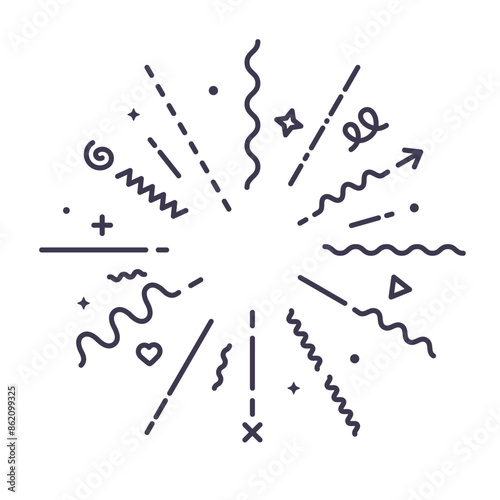 Confetti explosion vector line icon. Modern geometric starburst explosion. Creative black radial confetti boom on white background. Vector illustration