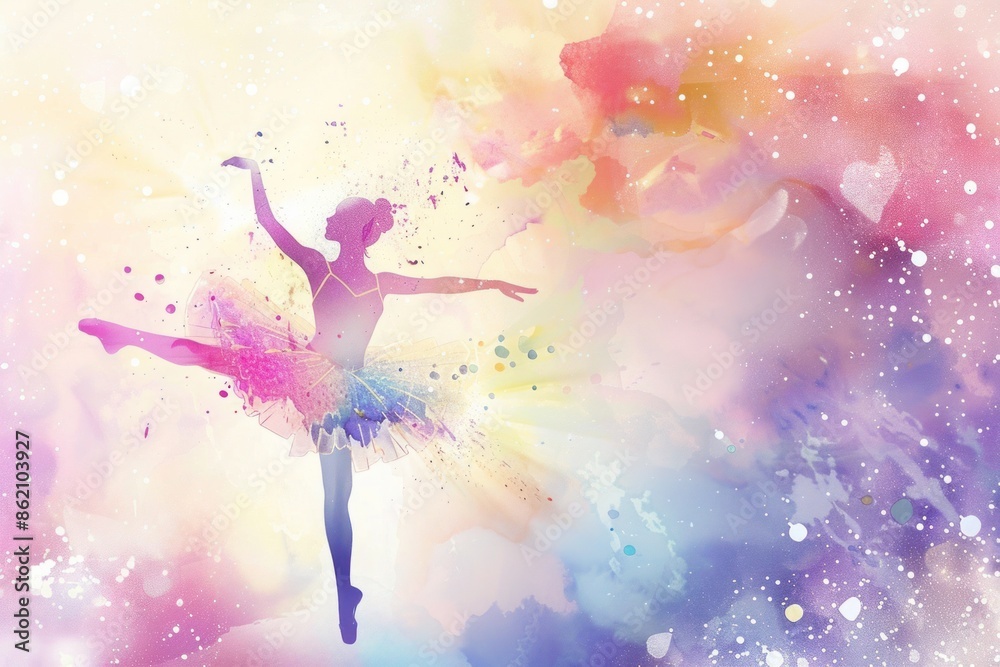 Fototapeta premium Animated elegance in watercolor: A ballerina, infused with anime style, expresses grace and beauty in a vibrant tutu against a backdrop of soft pastel shades
