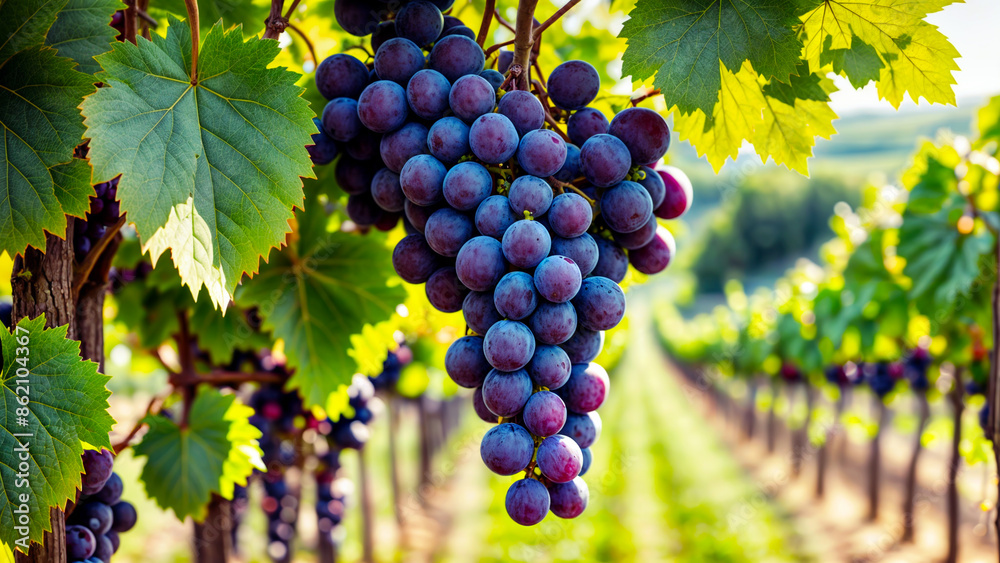 Naklejka premium Close-up view of purple grapes, sunny vineyard in the background - Generative AI