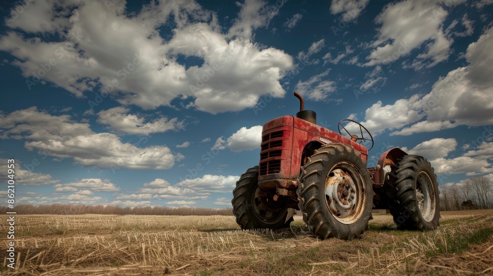 An old red tractor is sitting in a field with a blue sky in the background. Generate AI image An old red tractor is sitting in a field with a blue sky in the background. Generate AI image