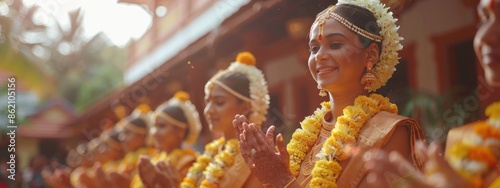 Joyous tradition: happy onam festival, celebrating vibrant cultural heritage of kerala, traditional dances, elaborate feasts, floral decorations, spirit of unity, prosperity. photo