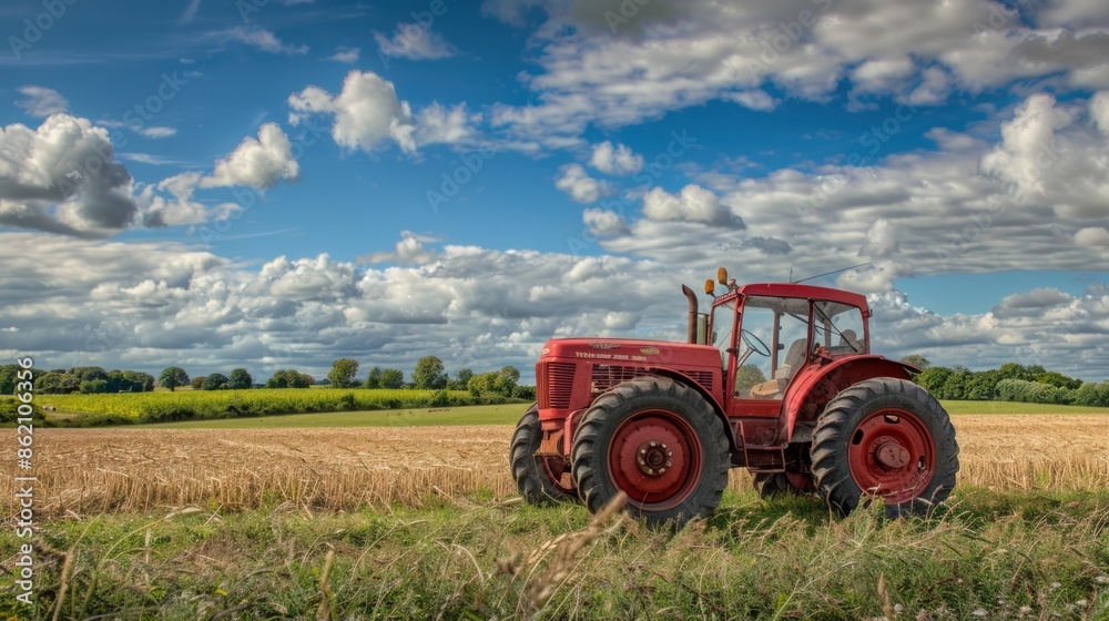 An old red tractor is sitting in a field with a blue sky in the background. Generate AI image An old red tractor is sitting in a field with a blue sky in the background. Generate AI image