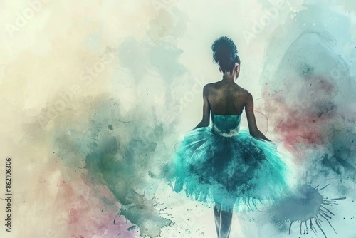 Ethereal watercolor rendering showcases a ballerina of diverse beauty, donning a teal tutu, standing against a soft and radiant background with her back to the viewer
