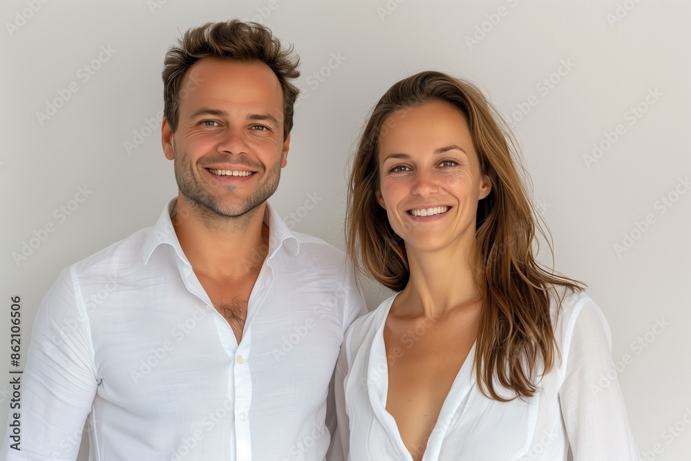 Smiling Couple in White Shirts Portrait. Generative AI. Smiling Couple in White Shirts Portrait. Generative AI.