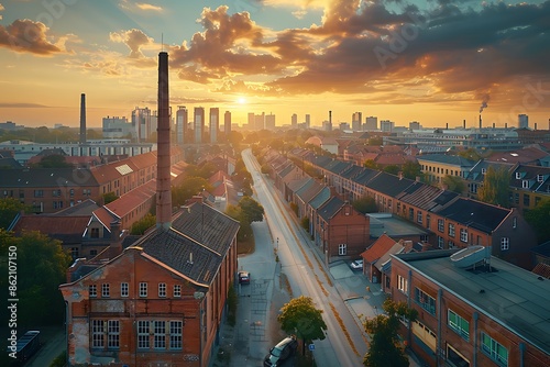 Aerial view of the city of Sondel in Denmark at sunset, showing roads and buildings with red brick architecture. The sun sets behind the skyline, casting long shadows over urban areas. There is an photo