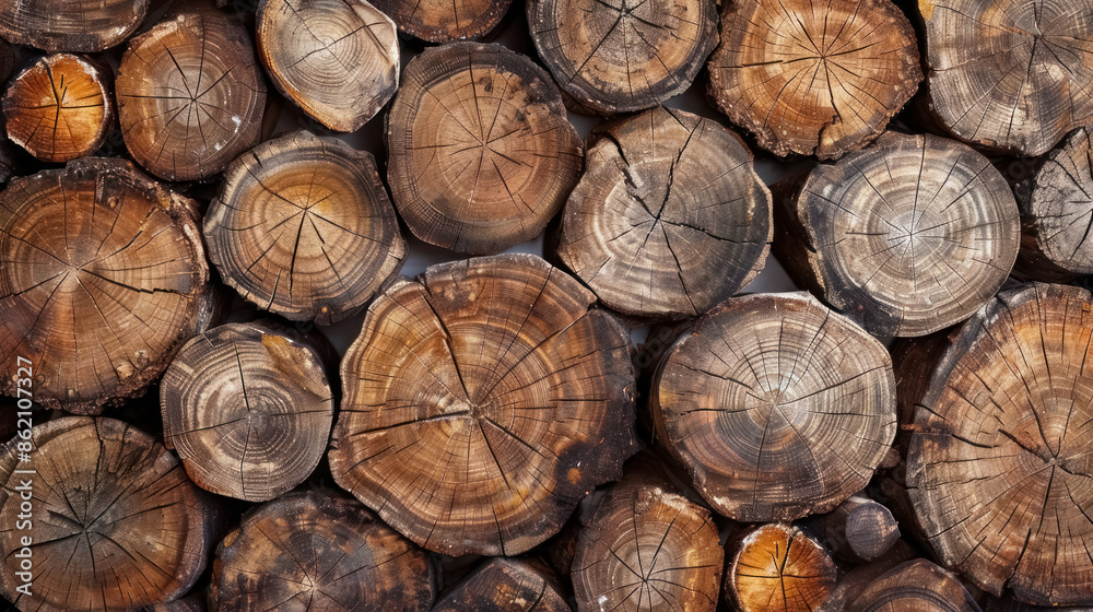 Naklejka premium stacked wooden logs background, rustic and natural wood texture
