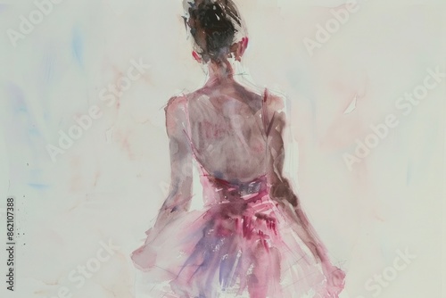 In the subtle strokes of watercolor, a ballerina wearing a pink dress stands in a graceful pose, her back facing the viewer, against a light background