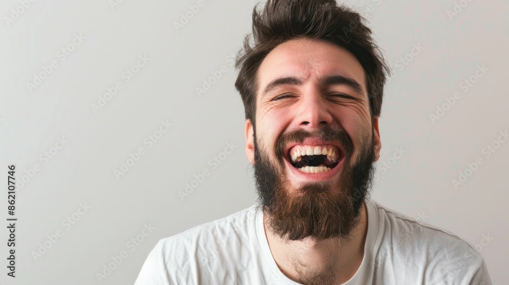 Man with beard and white tshirt making funny face in travelthemed comedy portrait photo