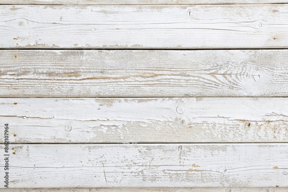 Obraz premium A group of five boards are arranged horizontally across the image. They have faded, flaking white paint across them, and there are gaps between each board. All of the boards show cracks and splits in 