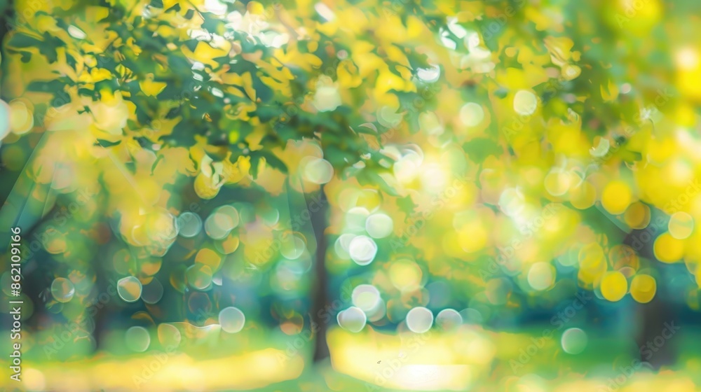 Obraz premium Abstract blurred image of trees and green leaves in a sunny park