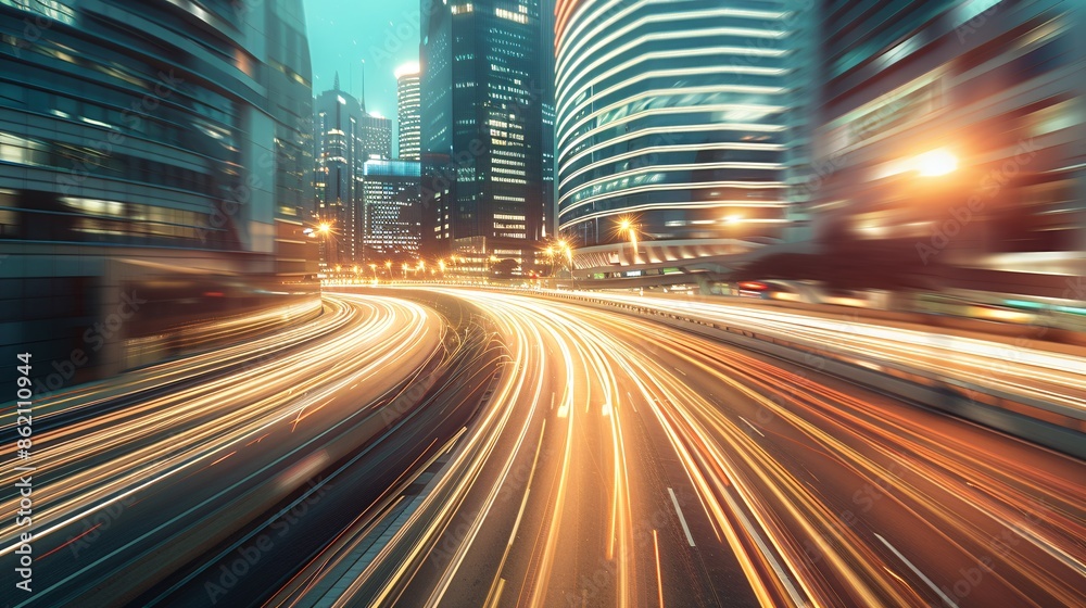 Traffic flow on evening highway in city with modern buildings. Traffic flow on evening highway in city with modern buildings.