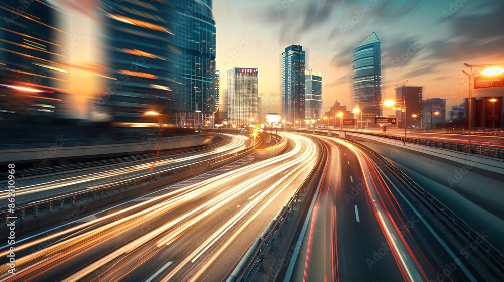 Traffic flow on evening highway in city with modern buildings. Traffic flow on evening highway in city with modern buildings.