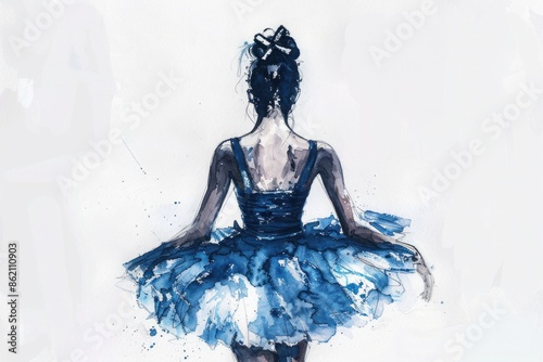 watercolor drawing, a ballerina from the back, in a blue dress, in a tutu skirt on a white background, with a bow in her hair, arms bent at the elbows