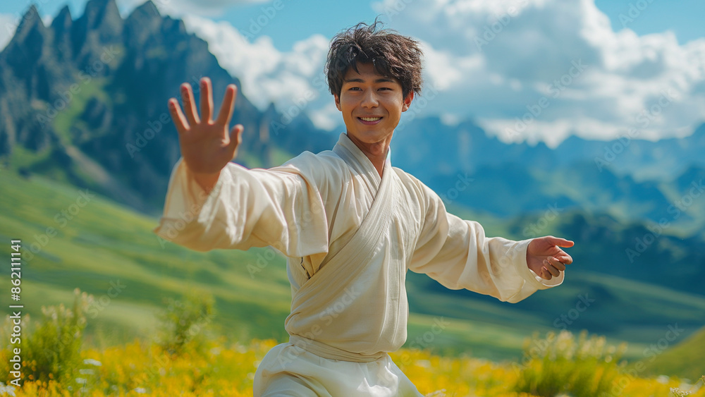 Smiling Man Practicing Tai Chi in Scenic Mountain Landscape
Smiling Man Practicing Tai Chi in Scenic Mountain Landscape