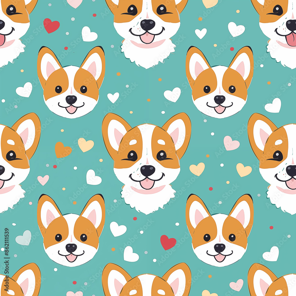 Fototapeta premium Corgi Dog Seamless Hearts Pattern Background for Fabric and Wallpaper