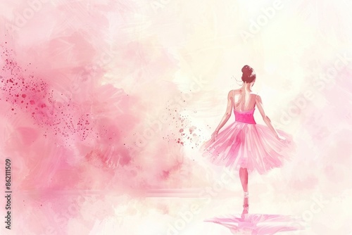 Watercolor illustration: A ballerina, dressed in pink, presents a serene stance with her back to the viewer, set against a gentle and light backdrop