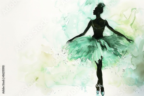 Watercolor painting on a pure white background: A black ballerina, her silhouette draped in a vibrant mint green tutu, poses gracefully with her back to the viewer