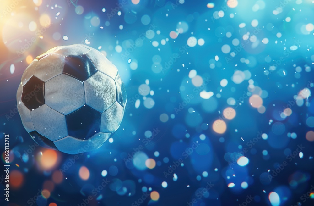 A soccer ball soaring into the goal against a blue backdrop, surrounded by light particles and a blurred light-colored background, rendered in 3D. A soccer ball soaring into the goal against a blue backdrop, surrounded by light particles and a blurred light-colored background, rendered in 3D.