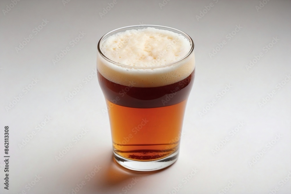 Beer: An overhead shot of an ale in a pint glass, showing the frothy head and the deep amber color of the beer. Beer: An overhead shot of an ale in a pint glass, showing the frothy head and the deep amber color of the beer.