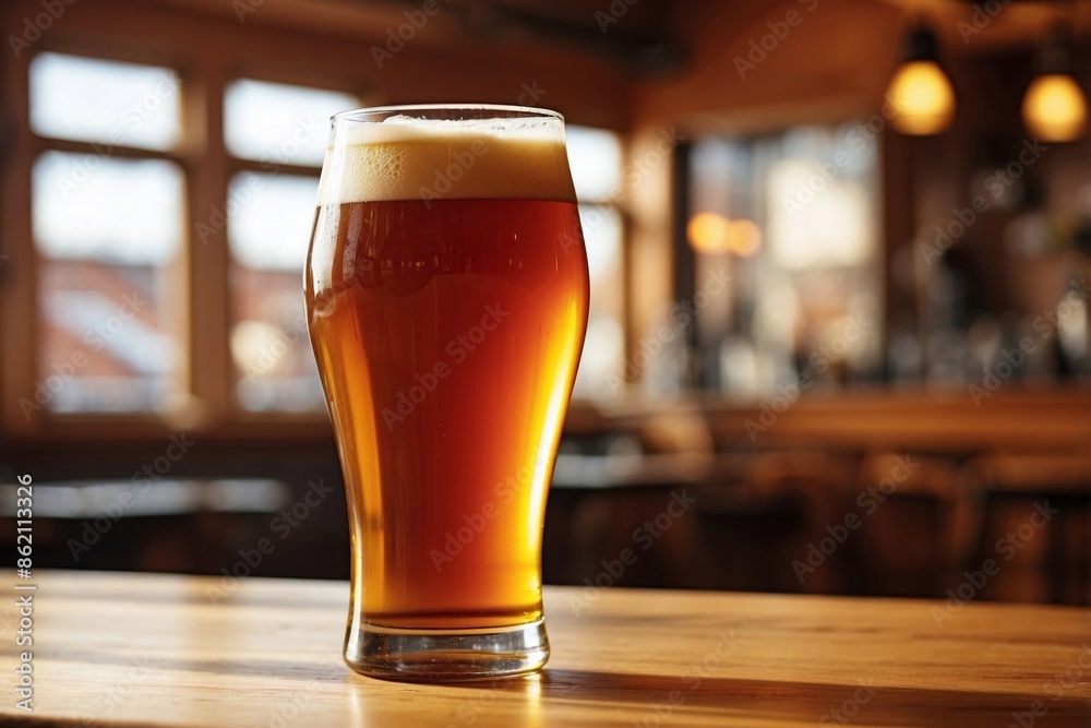 Beer: A clear pint glass filled with a golden amber ale, placed on a light wooden table.