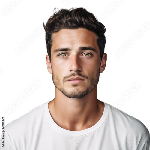 Portrait of a handsome man wearing white T-shirt, take shot from front view, studio photo, isolated on transparent background