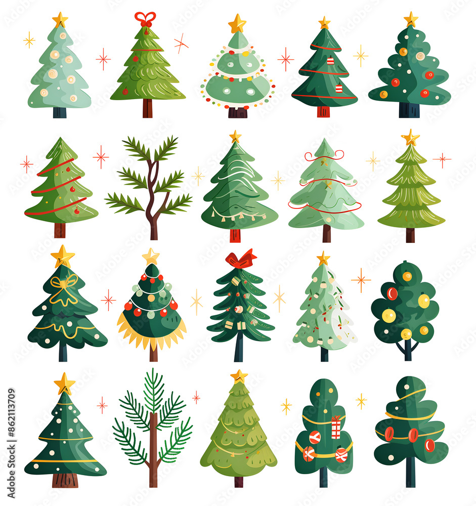 set of christmas trees on white, cartoon style set of christmas trees on white, cartoon style