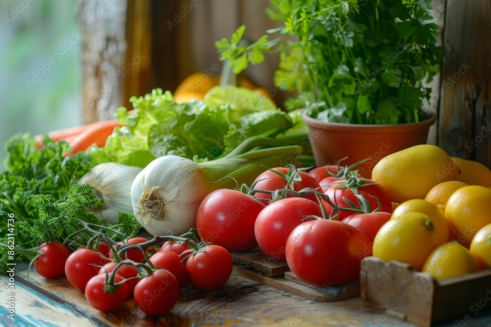 assortment of fresh vegetables and fruits on a wooden table, with bright colors and natural lighting assortment of fresh vegetables and fruits on a wooden table, with bright colors and natural lighting