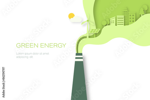 Green Industry. Pipe of factory with green eco city in the smoke. Paper art of Sustainable energy, ecology and environment concept. Minimal vector illustration.