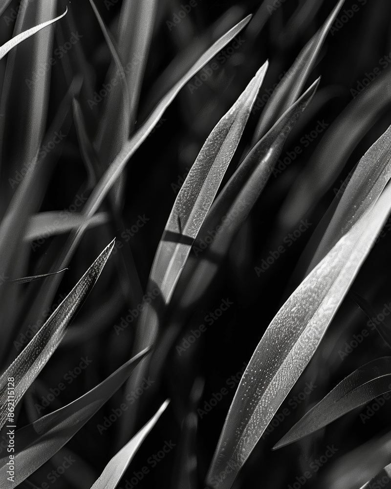 A closer look at the blades of grass highlighting their unique shapes and patterns. Black and white art A closer look at the blades of grass highlighting their unique shapes and patterns. Black and white art
