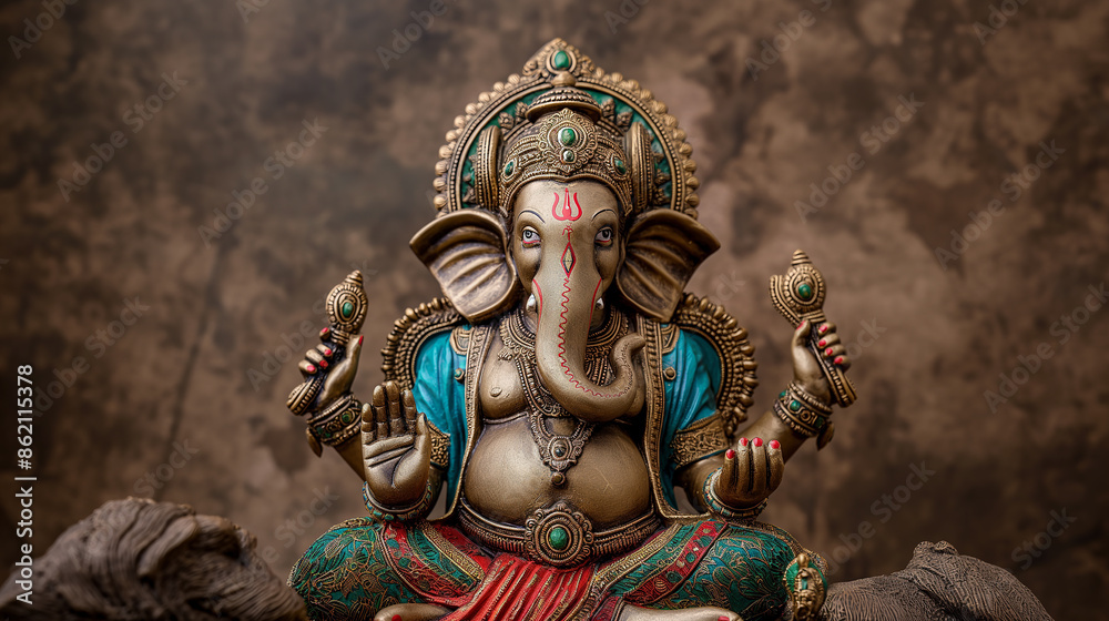 Fototapeta premium Golden ganesha statue sitting with a brown background