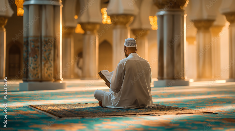 Muslim man reading the koran inside mosque praying on carpet Muslim man reading the koran inside mosque praying on carpet