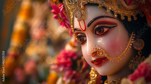 Beautiful face of hindu goddess lakshmi idol looking downwards with bokeh background © Andres Mejia