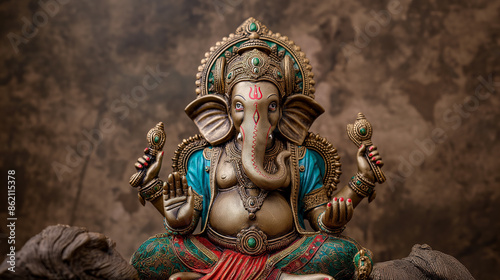 Golden ganesha statue sitting with a brown background