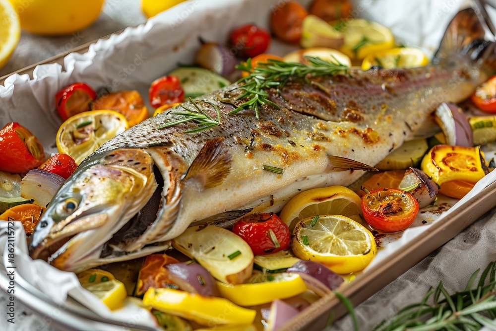 Baked rainbow trout with lemon and vegetables on a tray Baked rainbow trout with lemon and vegetables on a tray