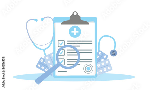 Health examination concept, clipboard with stethoscope, health examination report form,