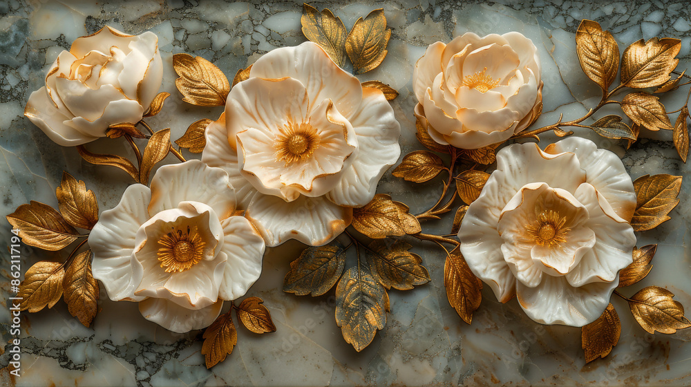 panel wall art, wall decoration, marble background with flowers designs
