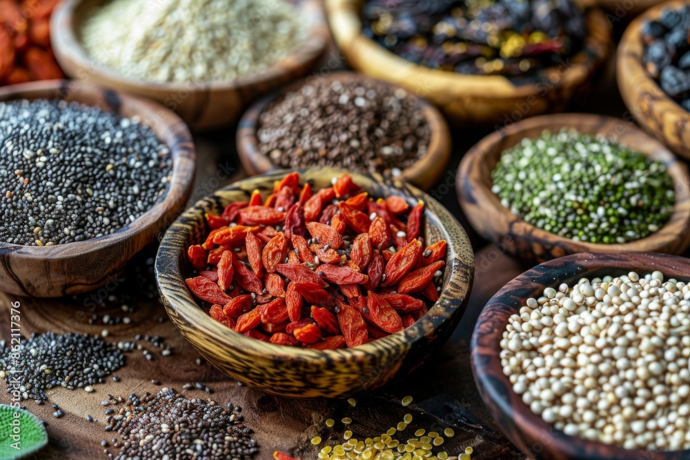 Assortment of superfoods in wooden bowls, including seeds and goji berries