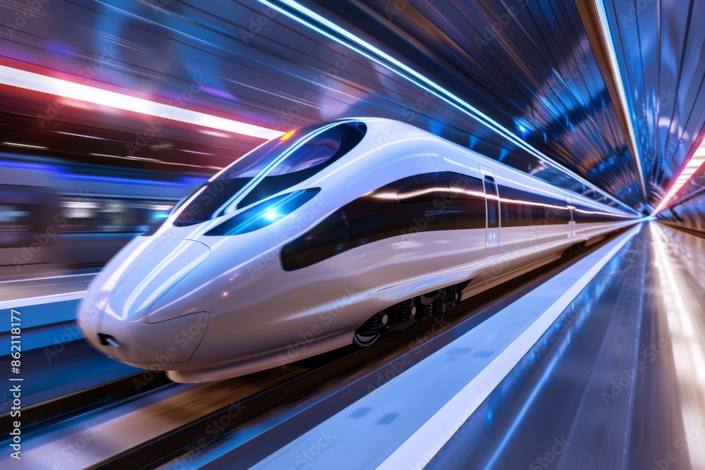 Fototapeta premium Modern train at station platform with futuristic elements.