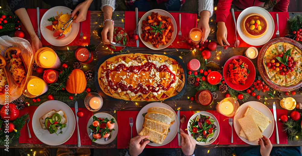 A table with a variety of food and drinks, including pizza, salad, and bread A table with a variety of food and drinks, including pizza, salad, and bread