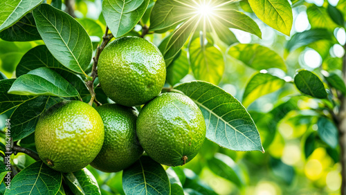 Close-up view of fresh limes hanging on the branch - Generative AI photo