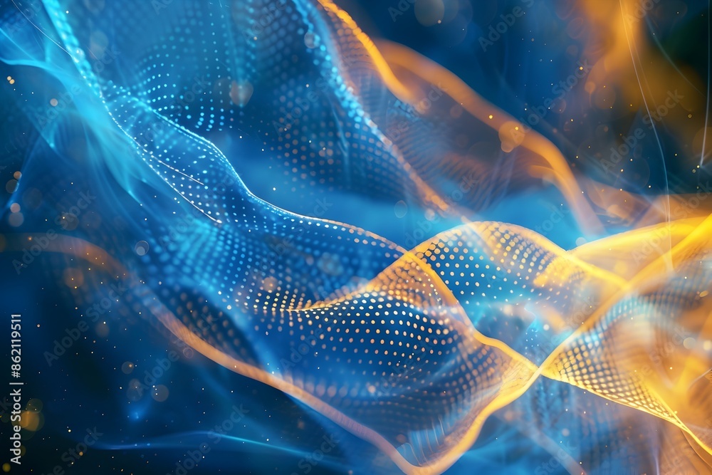 Flowing Particles of Vibrant Blue and Yellow in Dynamic Digital Movement Flowing Particles of Vibrant Blue and Yellow in Dynamic Digital Movement